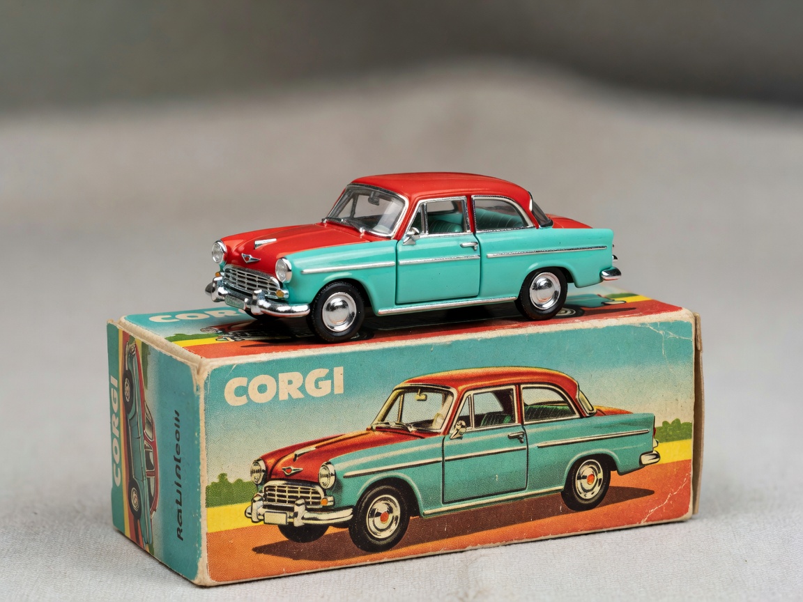 A mint condition vintage Corgi model car sitting on top of its original cardboard box